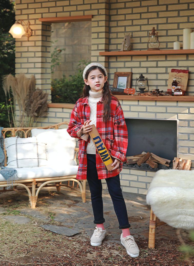 韓國 J KIDS - (內刷毛)長版紅格子襯衫/夾克