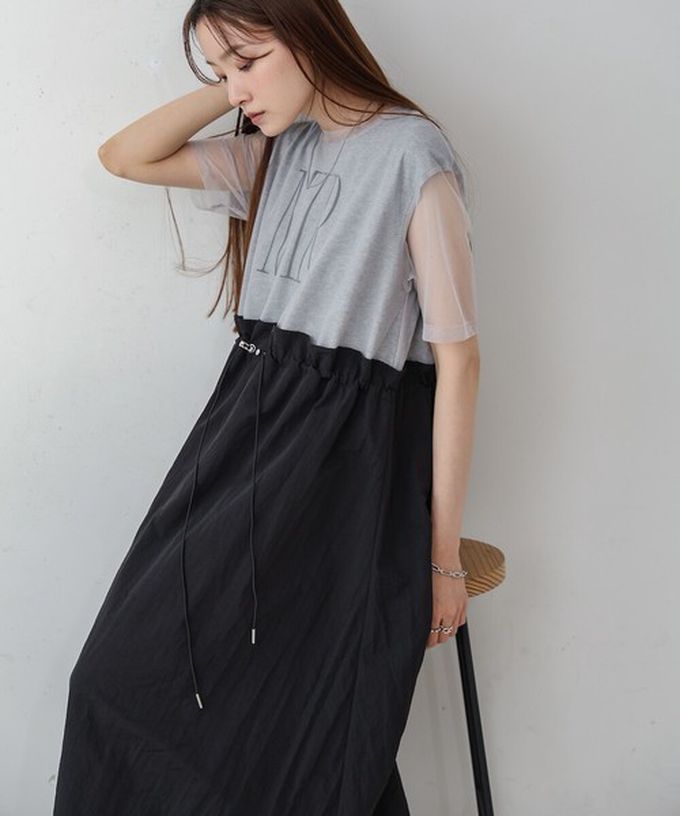 日本 Bab - 拼接層次感抽繩薄紗短袖洋裝-白x摩卡