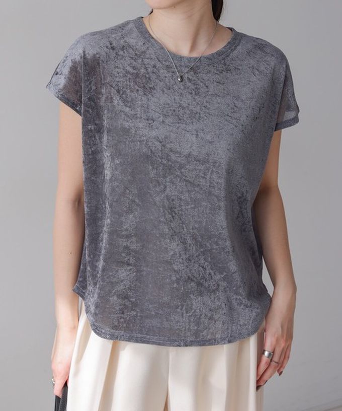 日本 Bab - 微透輕盈天鵝絨法式袖上衣-黑 (M)