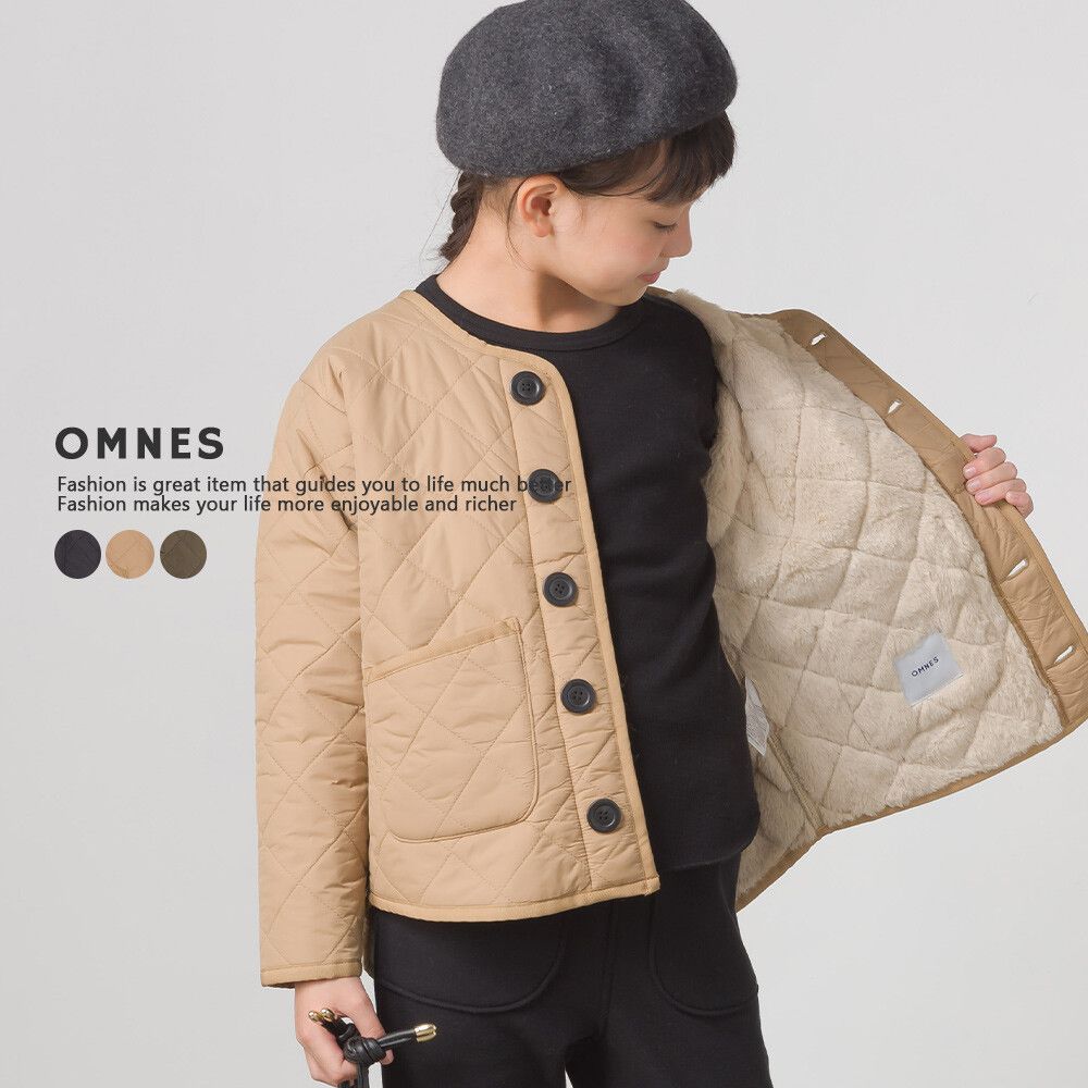 日本 OMNES - (兒童)厚刷毛衍縫鋪棉圓領保暖外套-墨綠