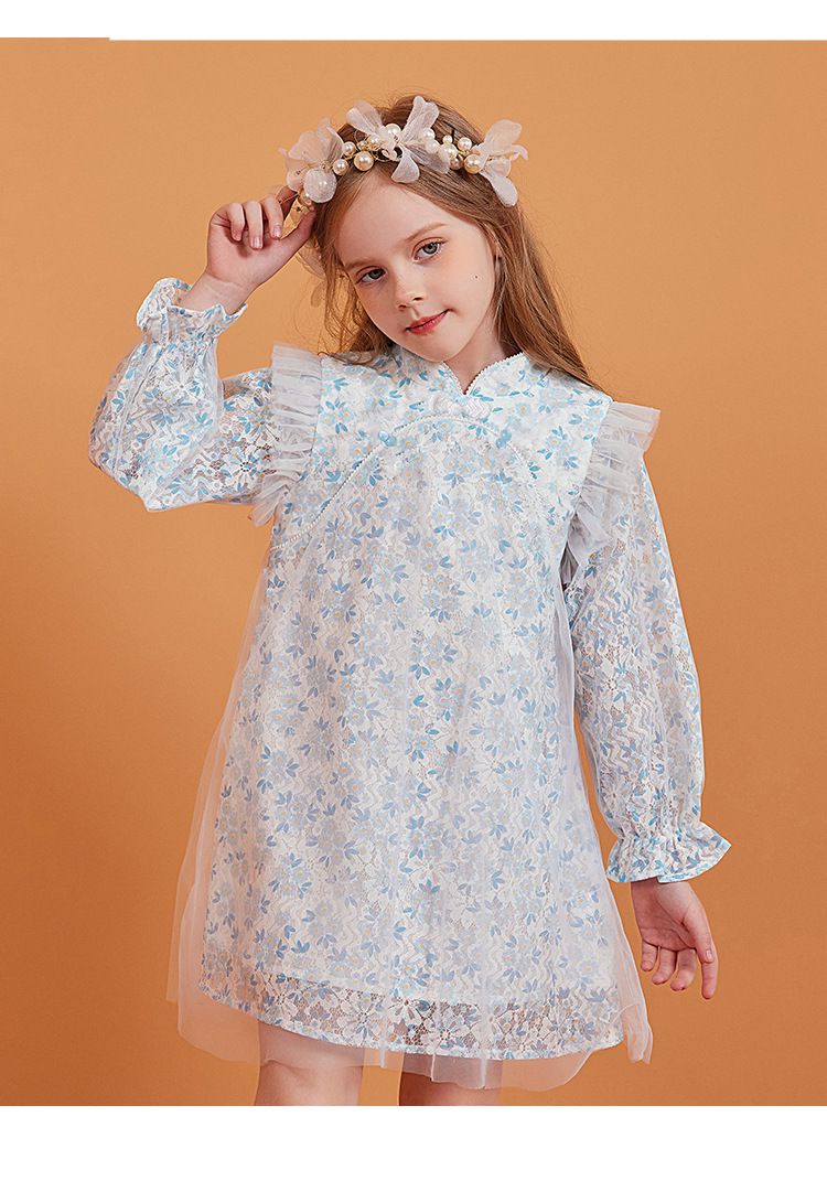 復古碎花長袖連身裙-碎花款-藍色