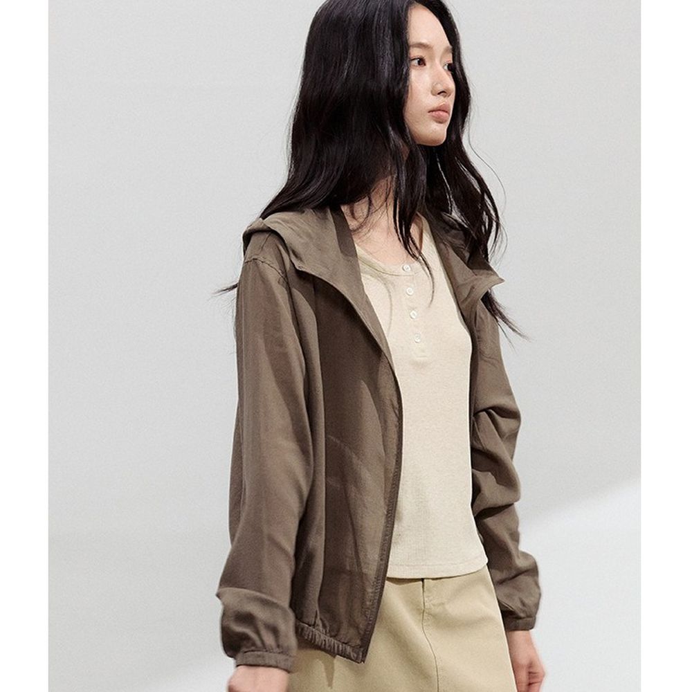 極簡慵懶天絲亞麻輕盈呼吸連帽外套-棕
