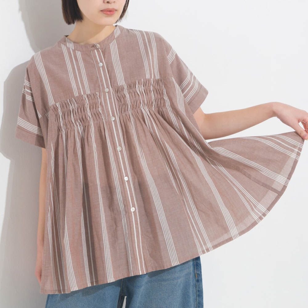 100%印度棉 皺摺傘狀短袖襯衫-棕條紋