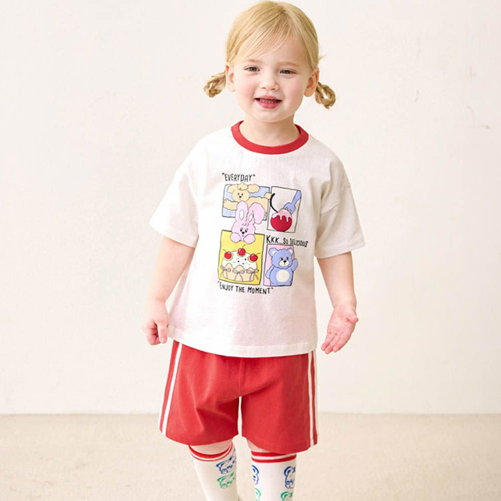 雲朵動物四格漫運動風短袖套裝-白X紅