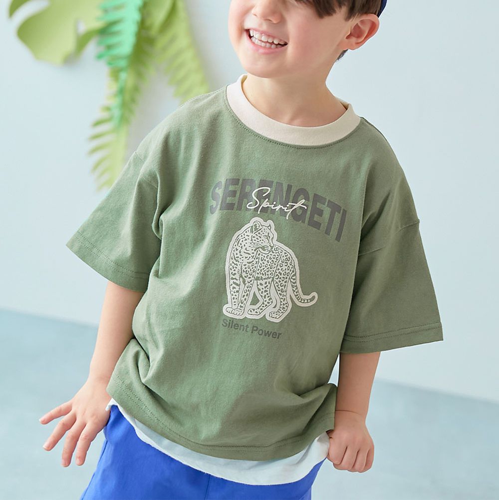 純棉動物線條印花短袖上衣-豹-煙燻綠