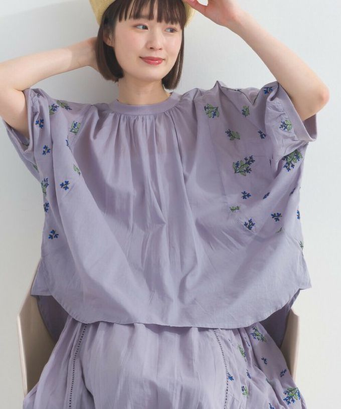 日本 Lupilien - 100%印度棉 優美植物刺繡大寬袖上衣-象牙