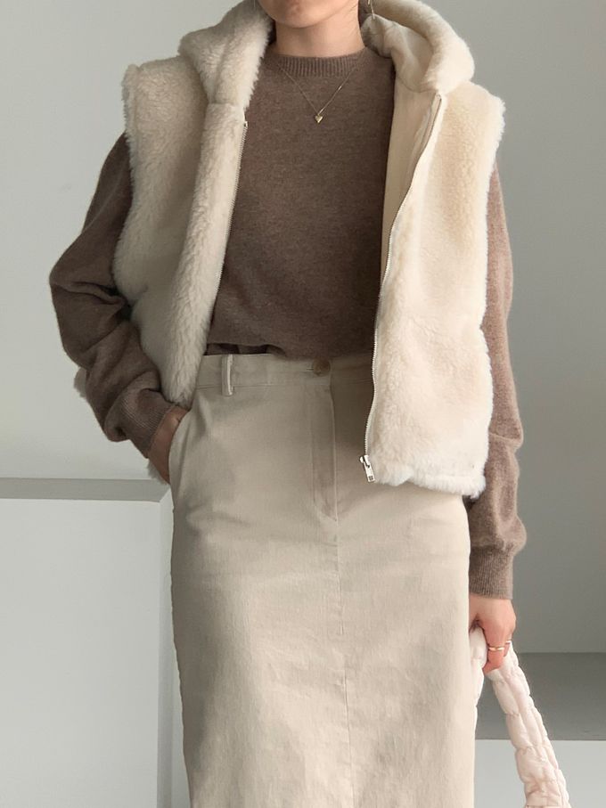 韓國女裝連線 - 薄燈芯絨直筒後開衩中長裙-米白