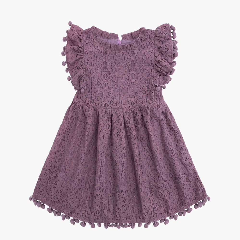 氣質簍空蕾絲小飛袖洋裝-深紫