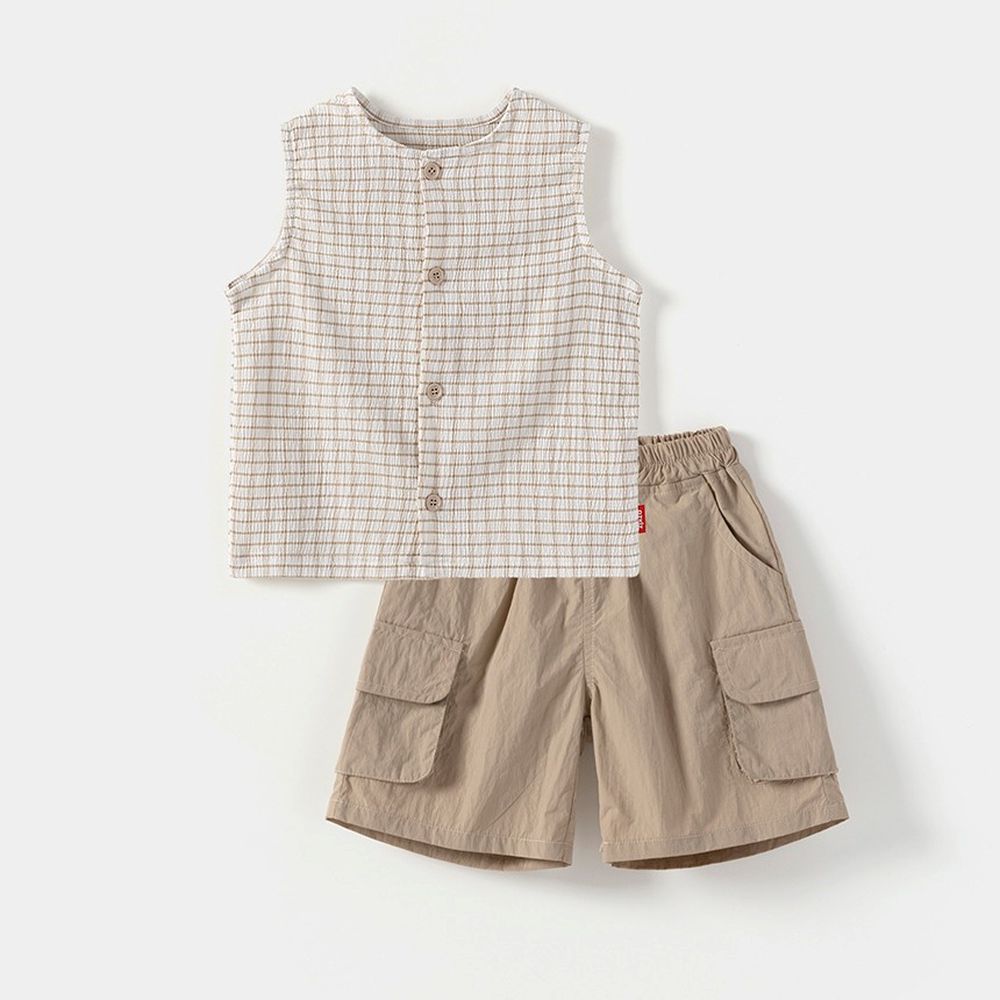 皺摺感格紋背心X工裝短褲套裝-米X卡其棕