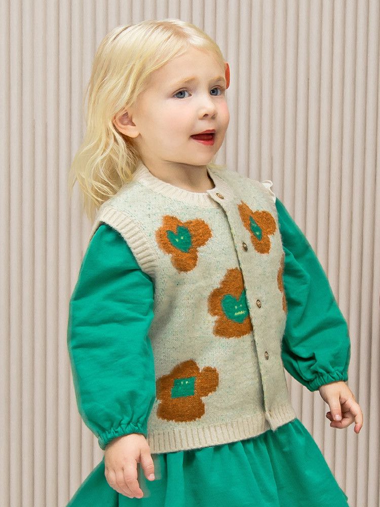 韓國Pimpollo - 愛心印花開衫針織背心-藍