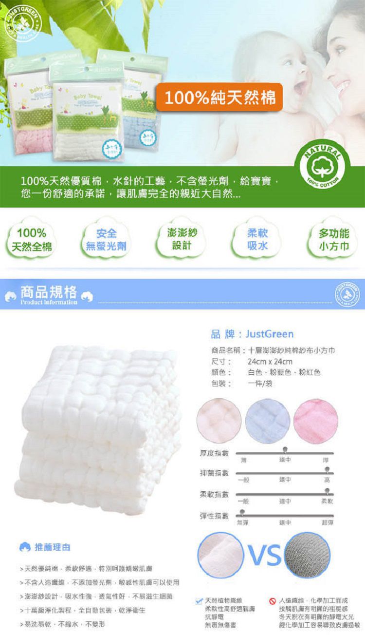 JustGreen - 十層澎澎紗純棉紗布小方巾-藍色 (24x24 cm)