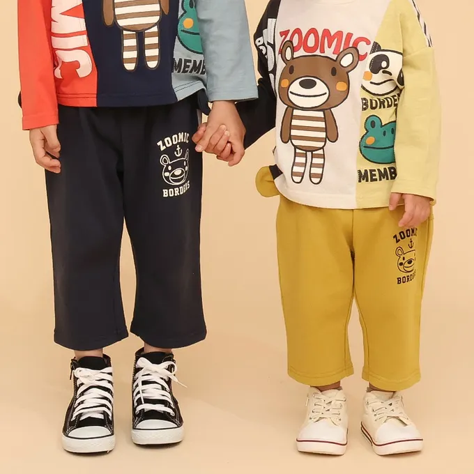 日本 ZOOLAND - 可愛熊耳朵裏毛七分褲-貓熊-海軍藍