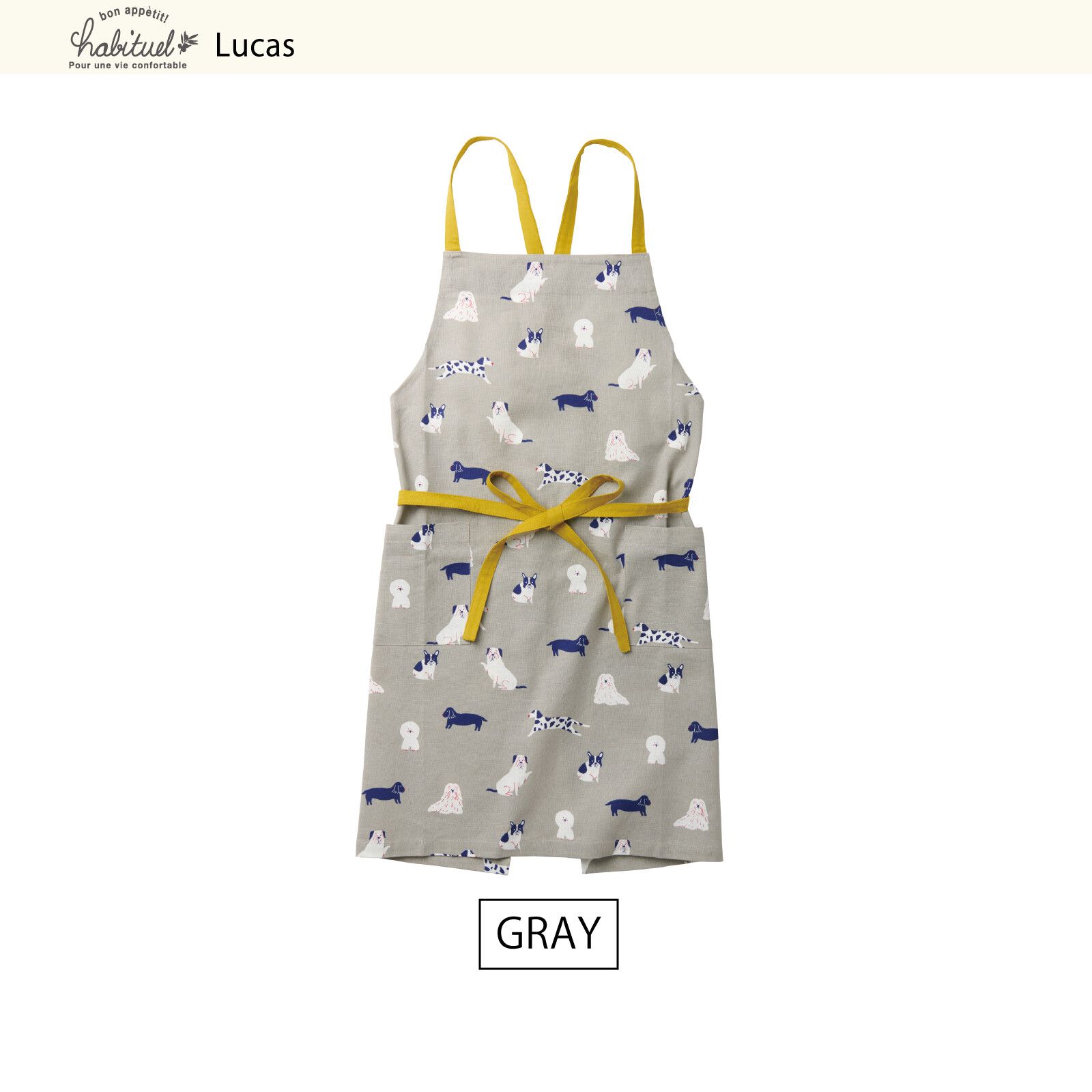 日本代購 - 印度棉大人料理圍裙(雙口袋)-狗狗散步-灰x黃