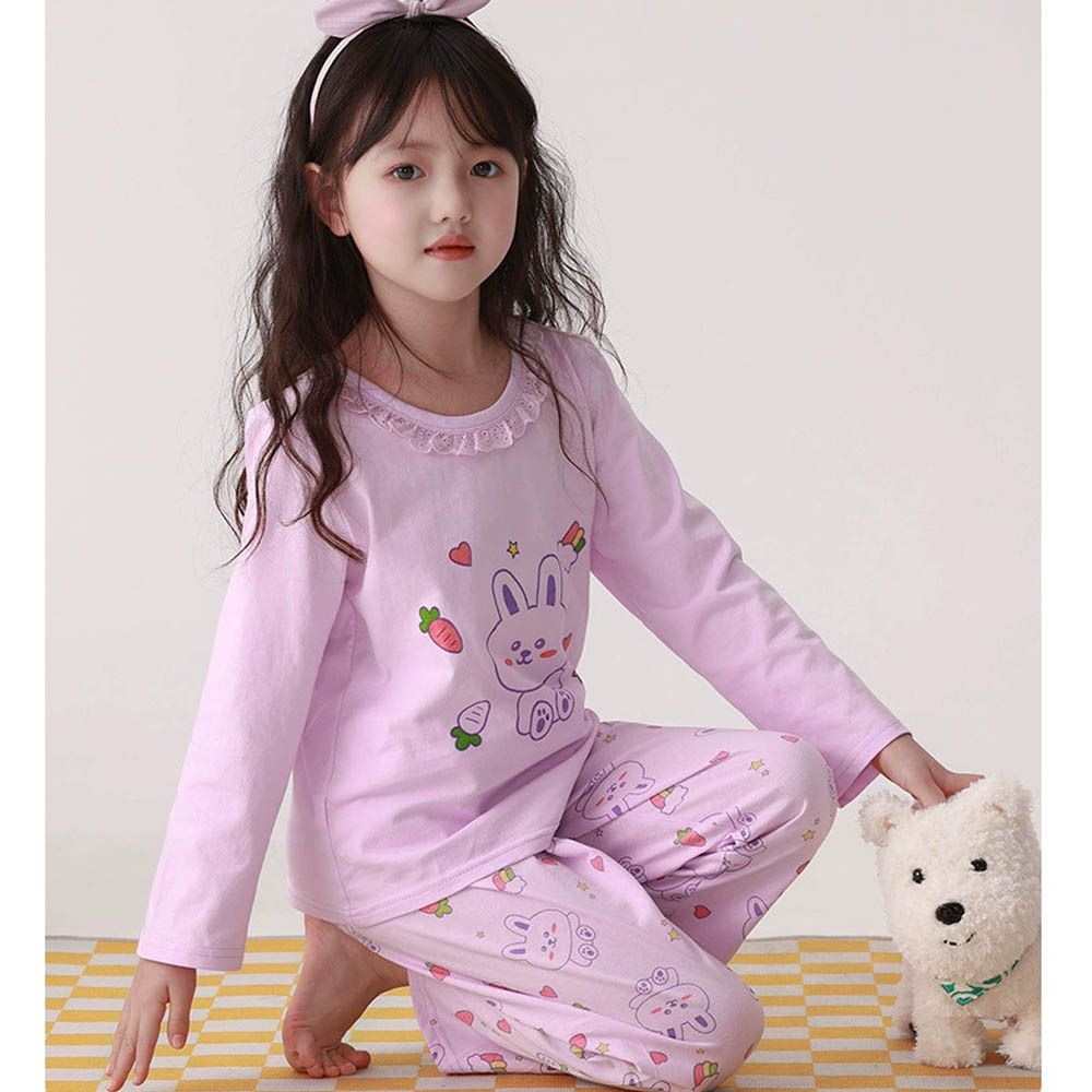 純棉花邊領長袖家居服套裝/空調服-蘿蔔兔-紫色