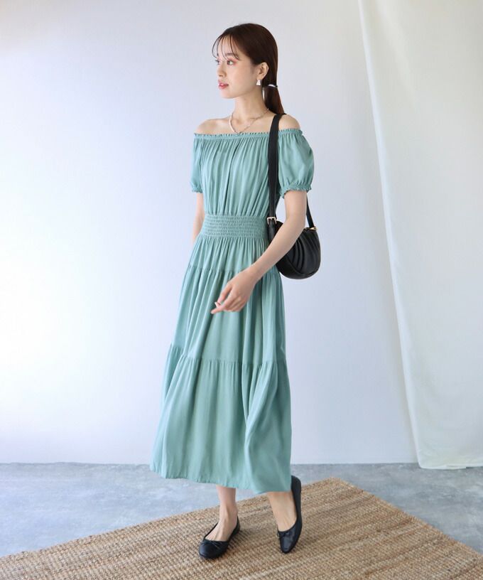 日本 BLUE EAST - 絕美平口縮腰泡泡袖洋裝-碎花-藍