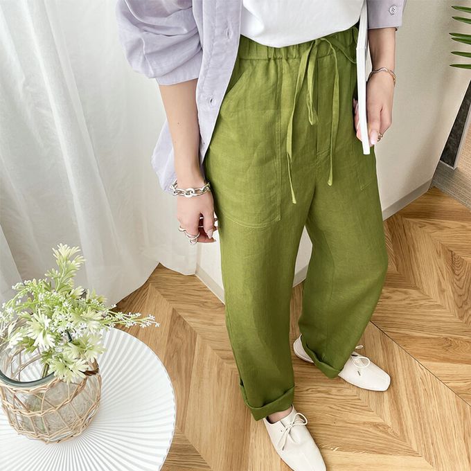 日本 Classical Elf - 100%亞麻透氣垂墜感抽繩寬褲-藍綠