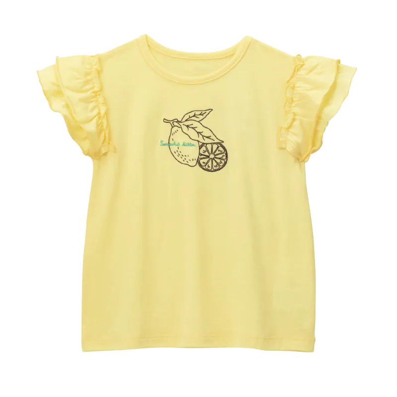 日本千趣會 - GITA 天竺棉荷葉飛飛袖刺繡短T-檸檬-黃