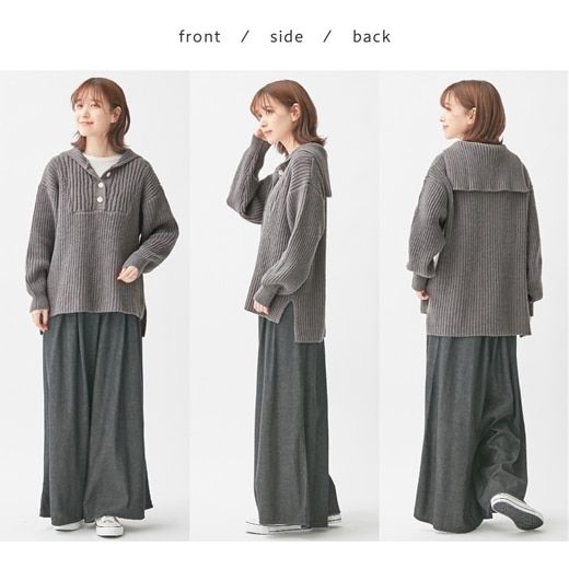 日本 BELLUNA - 休閒水手領寬鬆針織毛衣-條紋-淺米