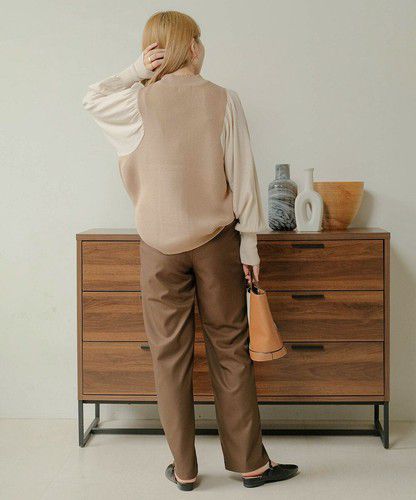 日本 Bou Jeloud - 細針織拼接泡泡袖上衣-淺卡其