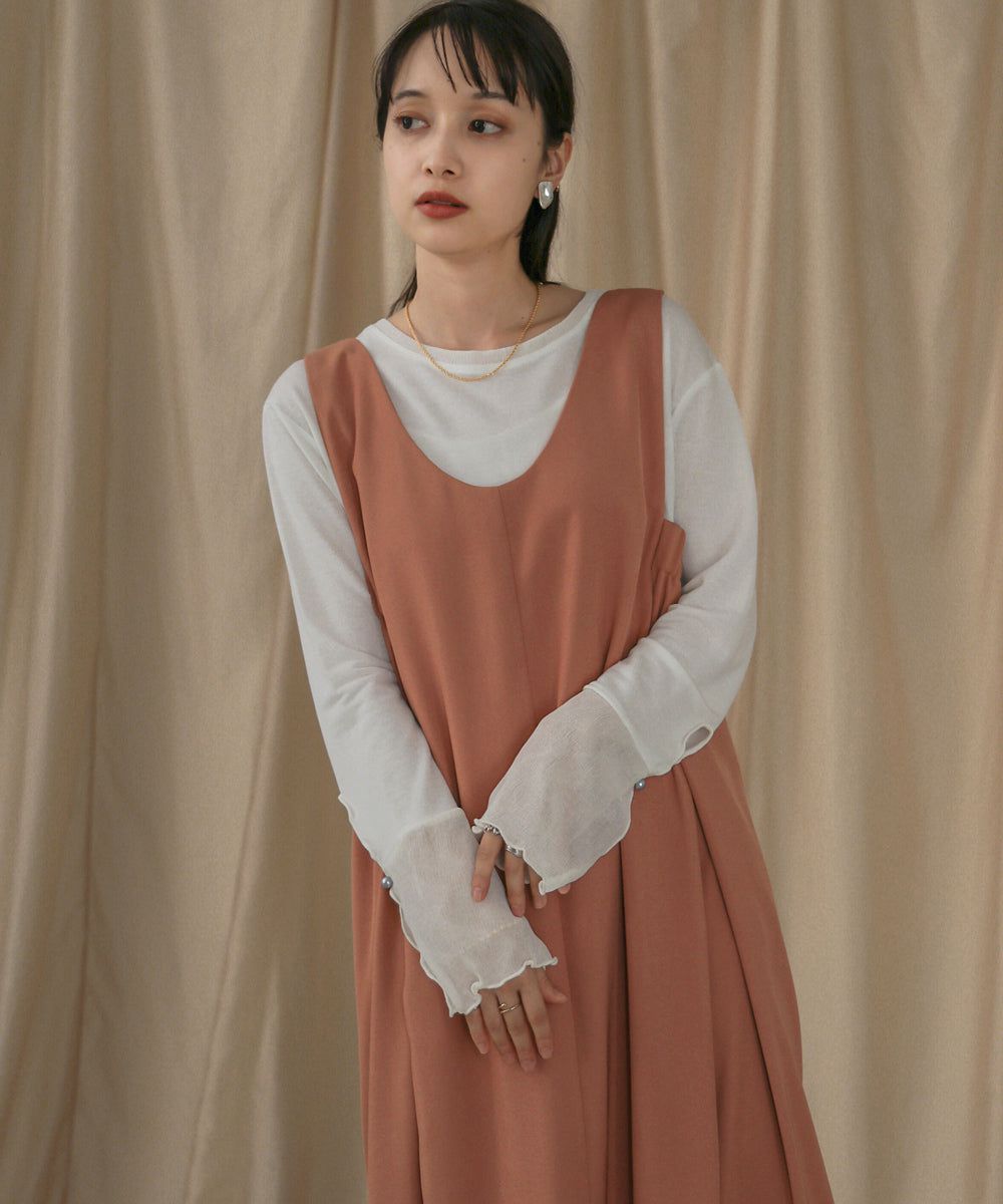 日本 Bab - 楊柳拼接珍珠薄長袖上衣-米杏