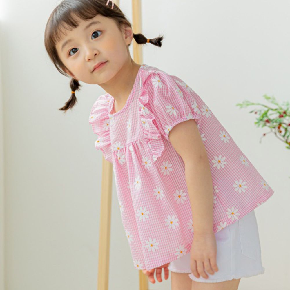 韓國 Orange Mom - 小雛菊格紋荷葉裝飾上衣-粉紅