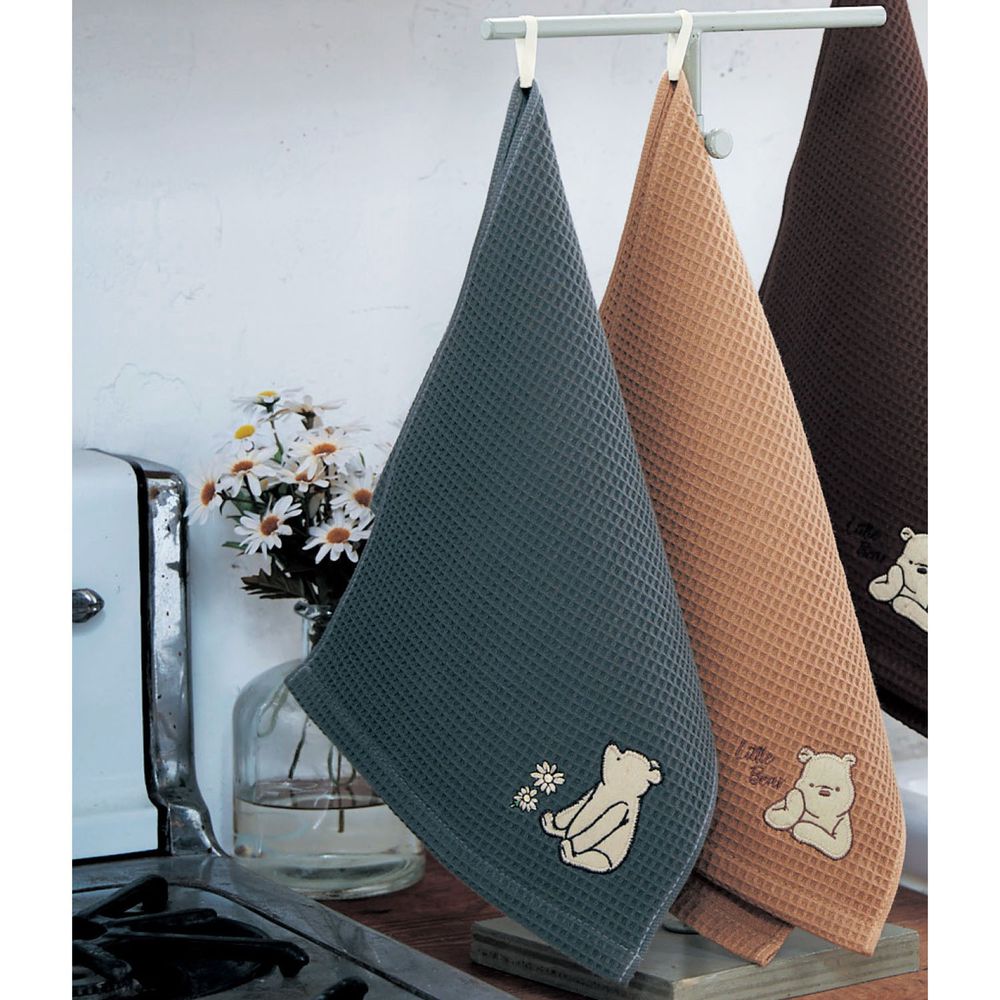 日本千趣會 - 迪士尼 鬆餅紋刺繡擦手巾兩件組-維尼-灰x焦糖 (22x70cm)