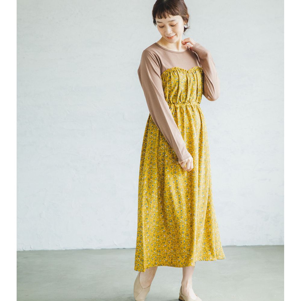 日本 PAIRMANON - 柔棉 假兩件拼接長袖洋裝-碎花-黃褐 (FREE)