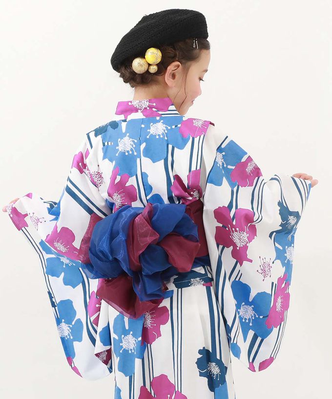日本 devirock - 2way穿搭浴衣洋裝華麗4件組-繁盛花朵-藍紫