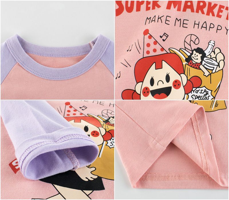 純棉長袖上衣-女孩逛超市-粉色X紫色