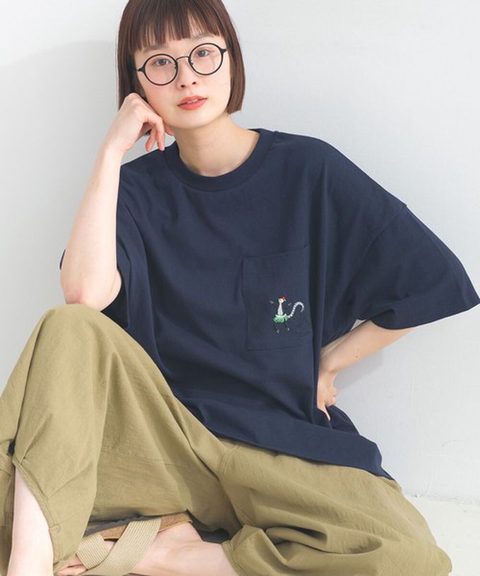 日本 Lupilien - 16支天竺棉俏皮動物刺繡大口袋短袖T恤-咖啡