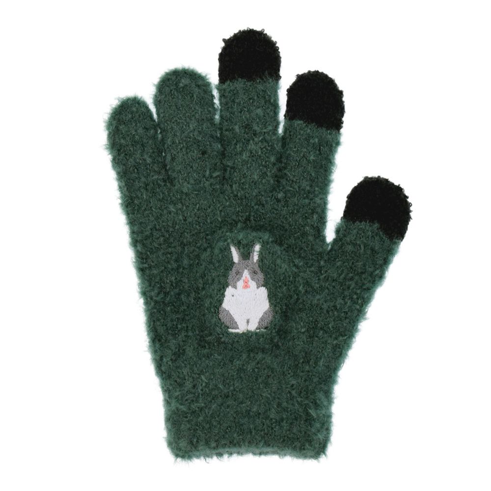 日本 TOMO - 兒童可觸控短絨保暖手套-小灰兔-墨綠