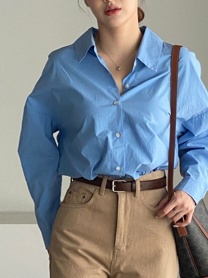 韓國女裝連線 - 知性背後抓褶翻領長袖襯衫-藍 (FREE)