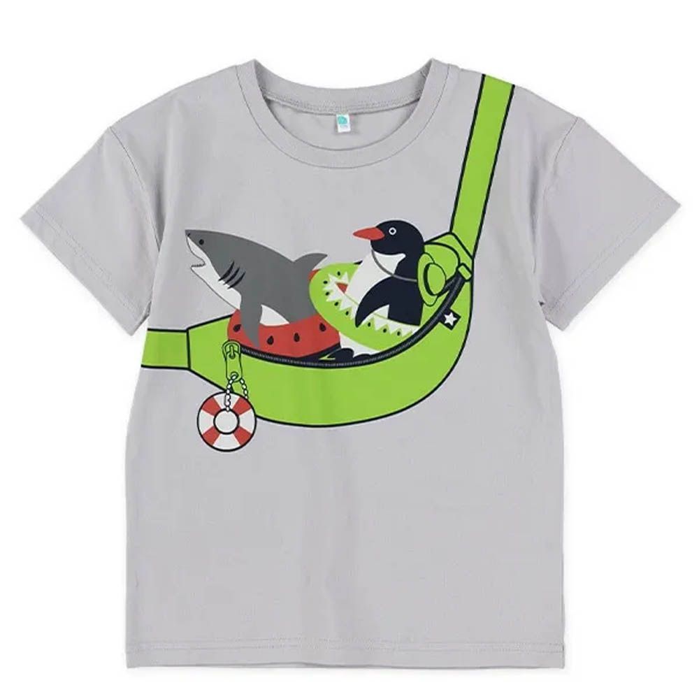 逗趣海洋腰包印花短袖上衣-企鵝鯊魚-淺灰