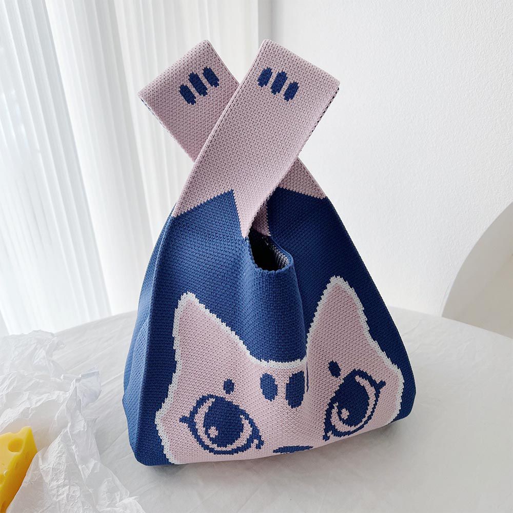 輕便休閒針織手拿包/手提包-藍色小貓 (20x35cm)