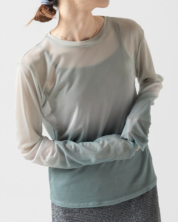 日本 gleam - 唯美漸層透膚圓領長袖上衣-摩卡x灰