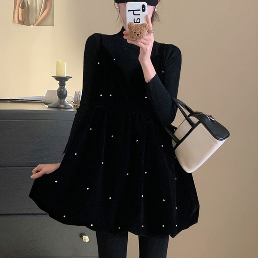 滑面長袖上衣+絲絨吊帶寶石短洋裝(2件組)-黑x黑 (F)