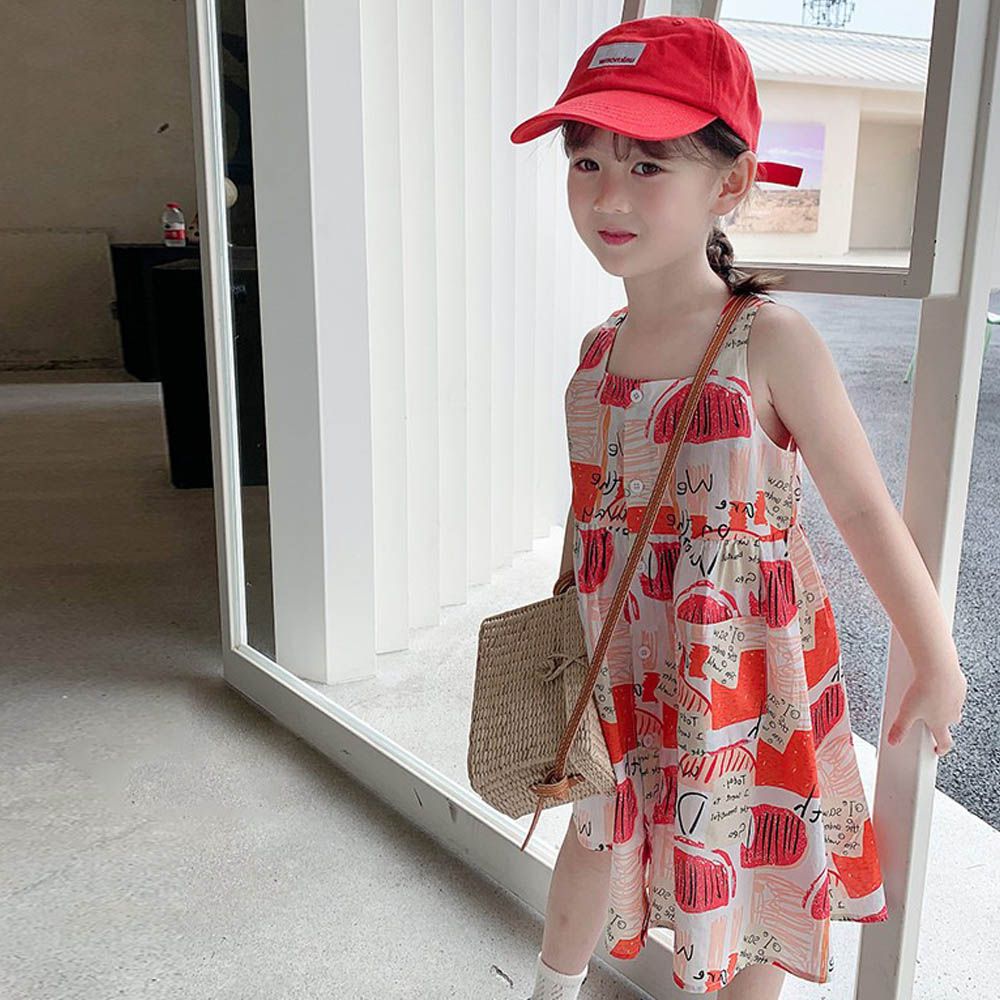 純棉開釦吊帶洋裝-滿版印花-紅色