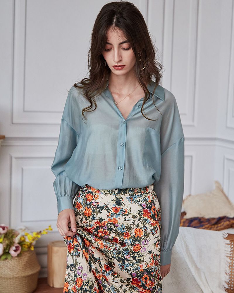 氣質透膚襯衫/罩衫-淺藍色 (M)