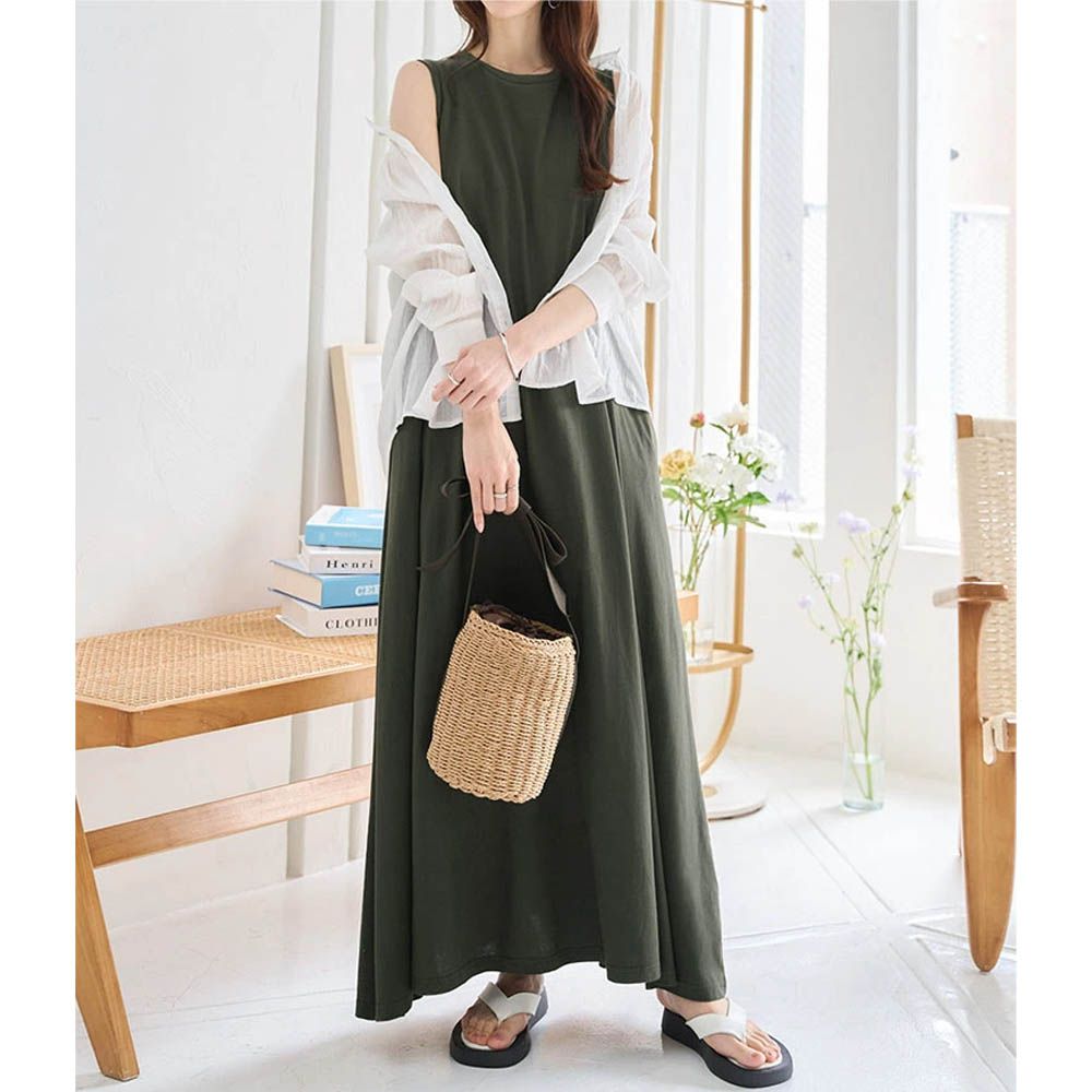 抗透汗 優雅A字無袖洋裝(附bra)-深軍綠