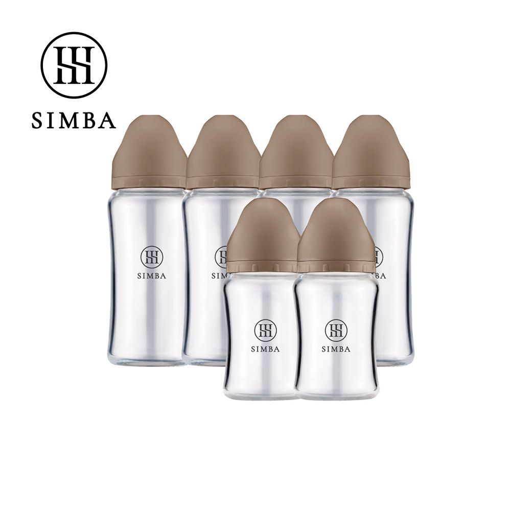 蘊蜜質金玻璃寬口防脹氣奶瓶4大2小全配組-新生適用-摩卡慕斯