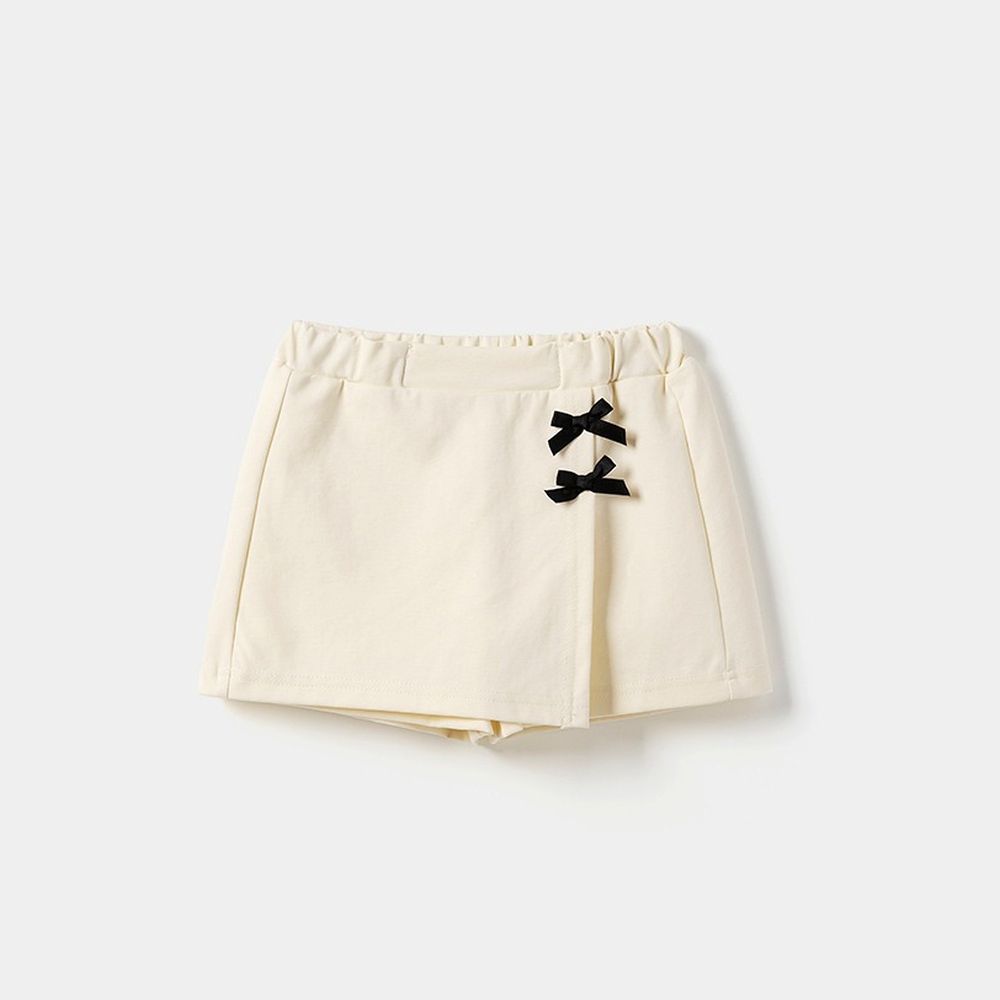 鬆緊腰緞帶蝴蝶結裝飾片裙褲-象牙白