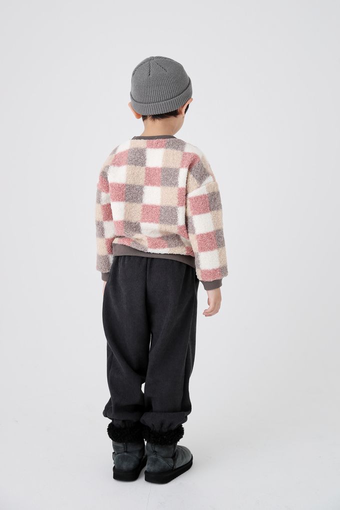 韓國 Coco Bang - 毛絨棋盤色塊紋長袖上衣-藍