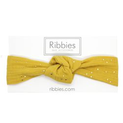 英國 Ribbies - 兒童寬版扭結髮帶-芥末黃金點點