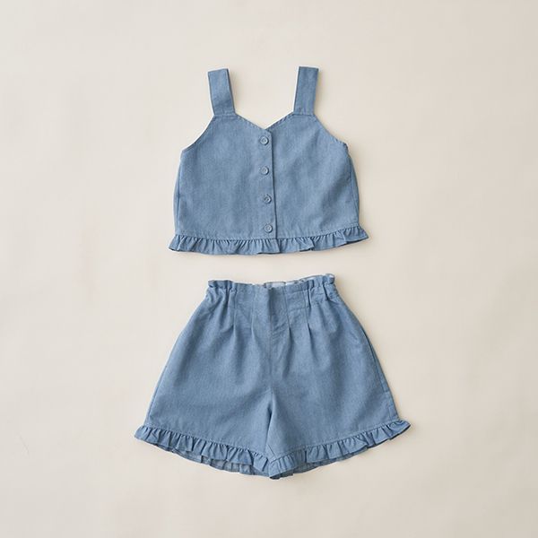 日本 Lycee mine - 甜美又帥氣荷葉短褲套裝-水藍