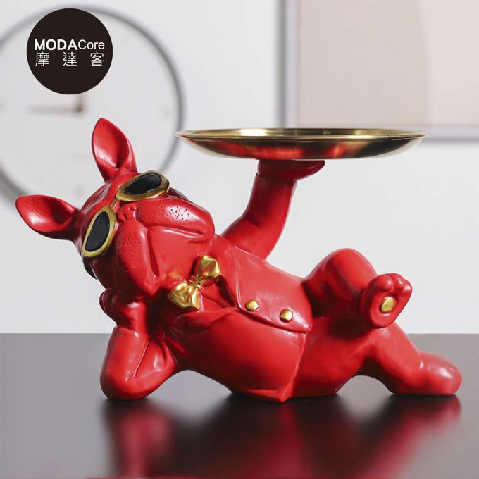 MODACore 摩達客 - 摩達客◉春節開運招財◉帥氣墨鏡狗鬥牛犬頂托盤擺飾-紅色款-聚寶盆糖果收納