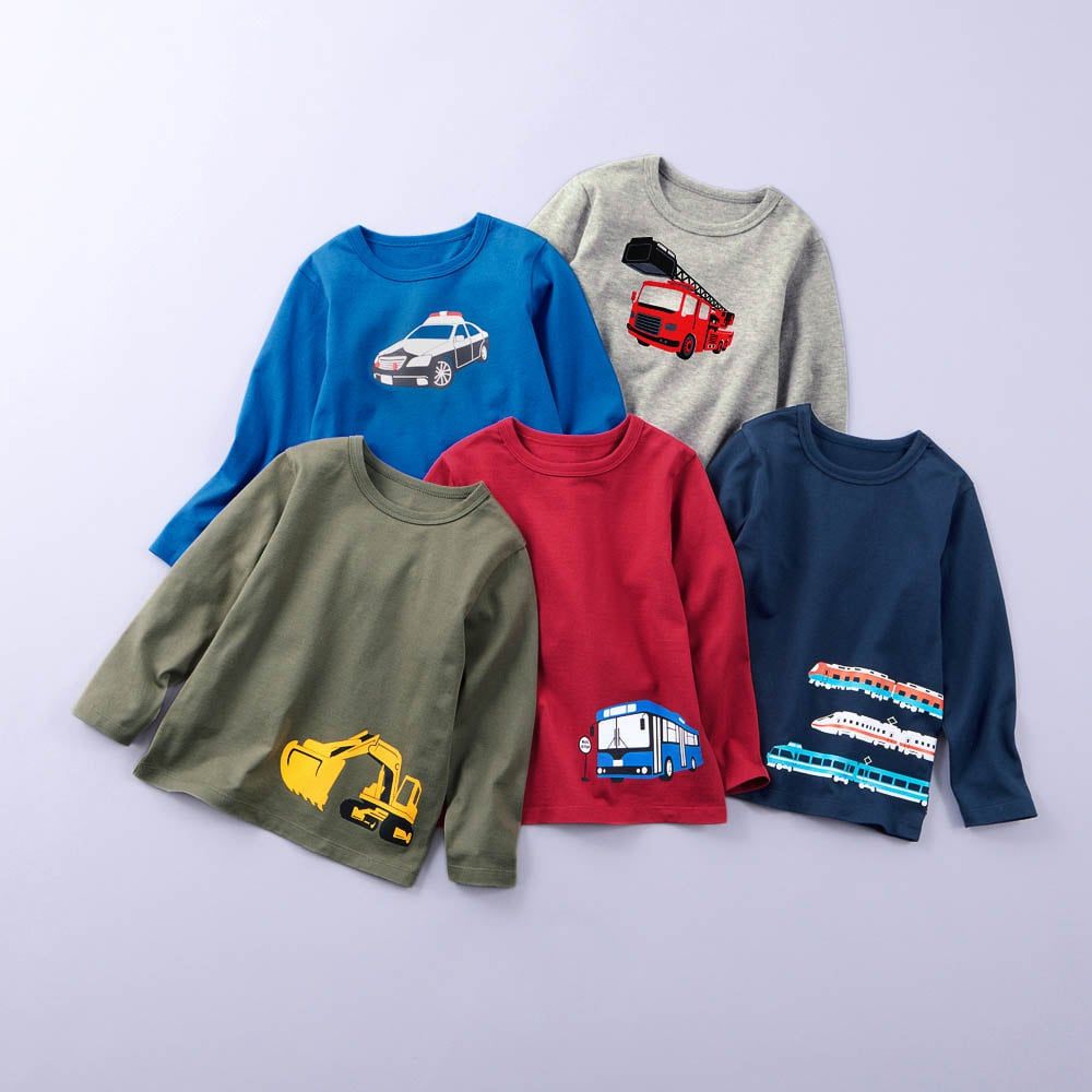 超值五件組 100%純棉印花長袖上衣-車車系-寶藍紅