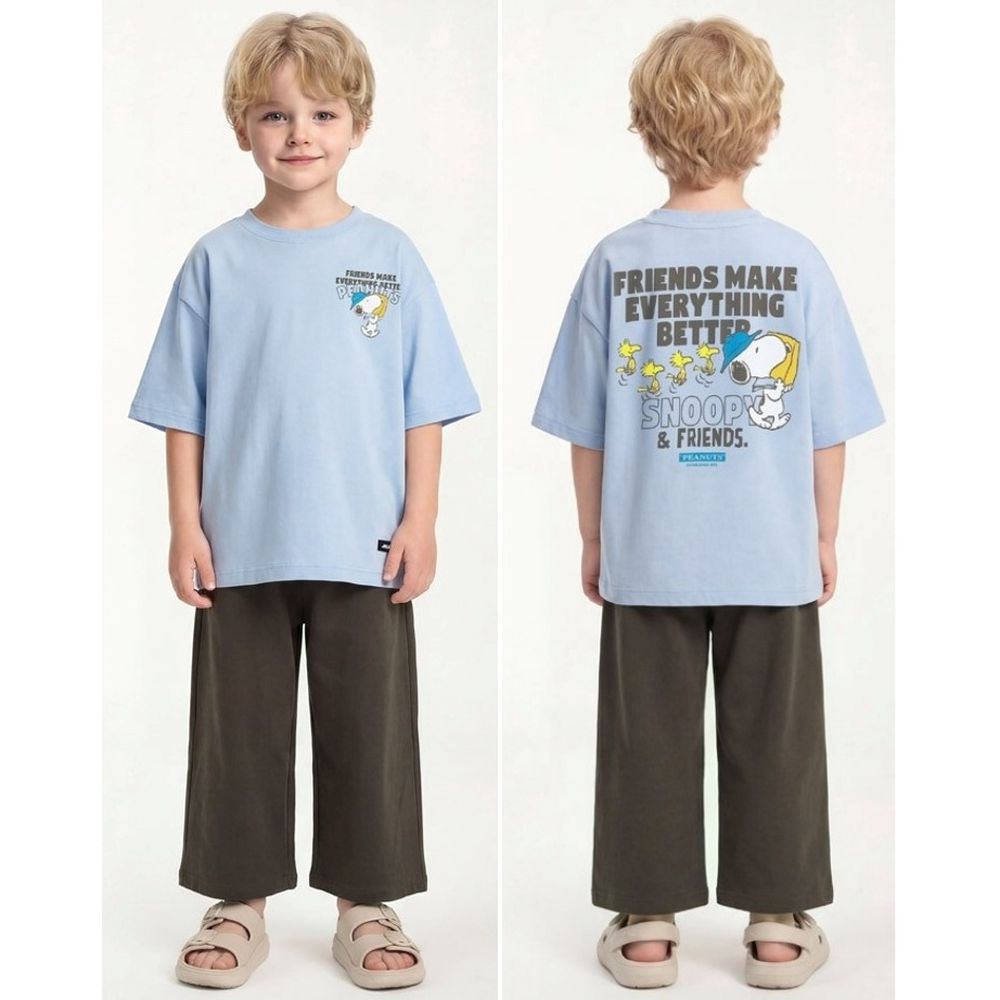 (聯名款)卡通人物史努比短袖上衣X長褲套裝-淺藍X深灰