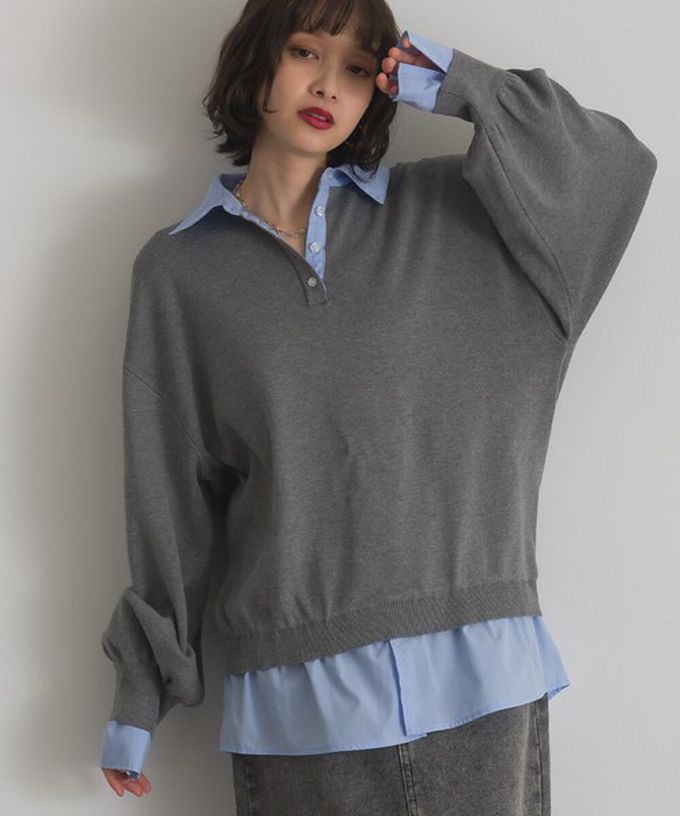 日本 ELENCARE DUE - 假二件襯衫領輕盈落肩長袖上衣-黑x白