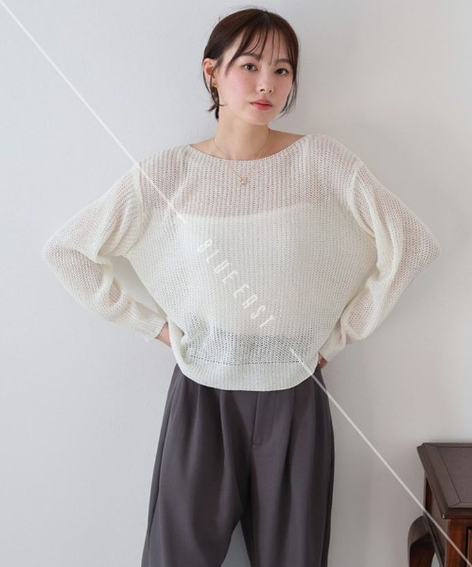 日本 BLUE EAST - 典雅船領閃爍亮片網眼針織上衣-藍