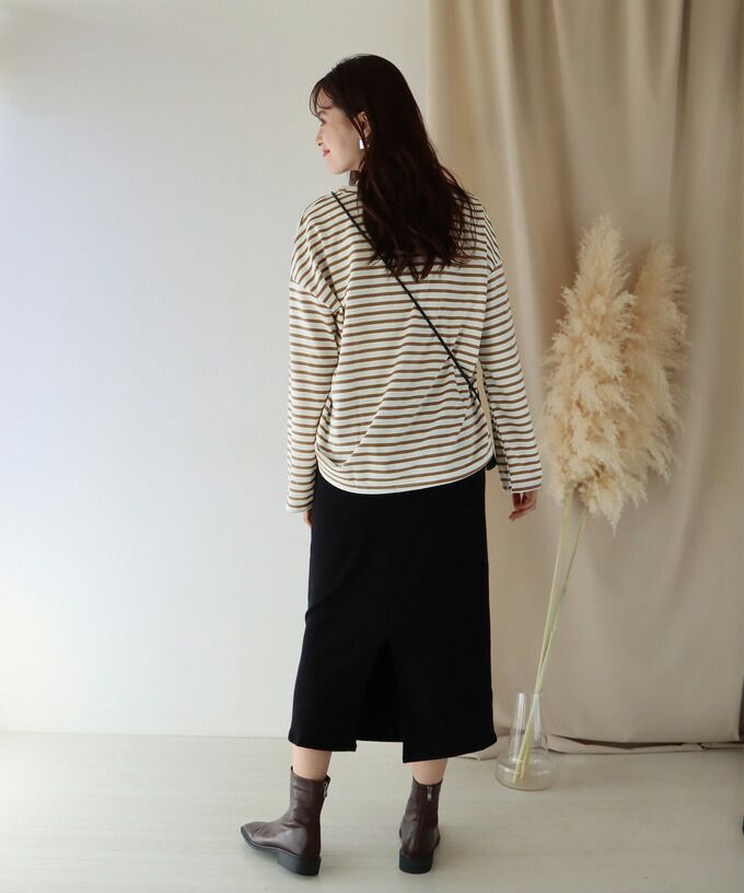 日本 BLUE EAST - 百搭落肩休閒長袖上衣-條紋-軍綠